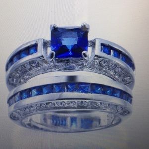 2 Pcs Princess cut blue sapphire white gold filled